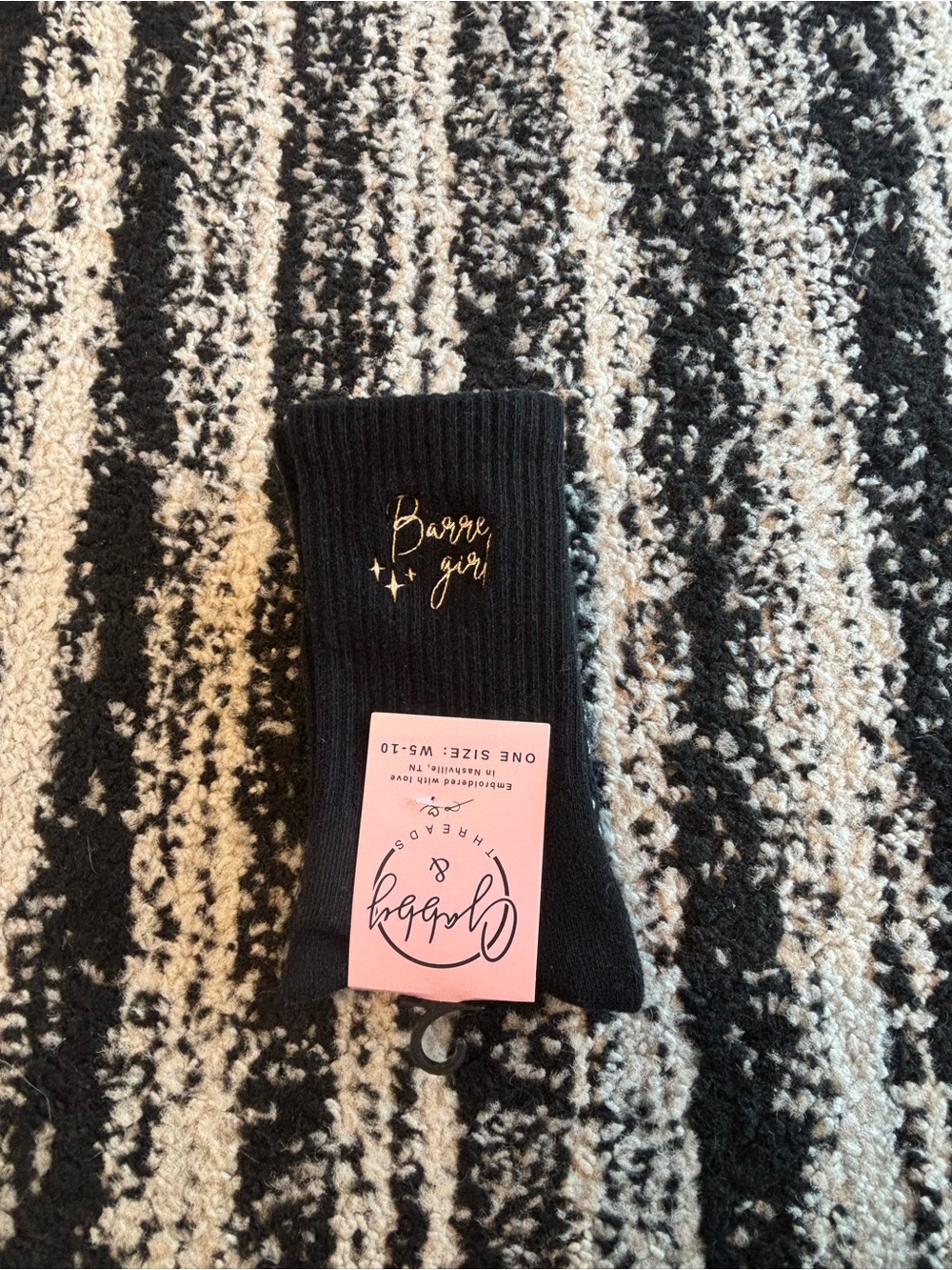 Women's Black Ribbed Crew Socks with Gold Script